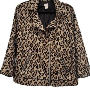 Chico's Size 1 Leopard‎ Moto Jacket Gold Trim Lined